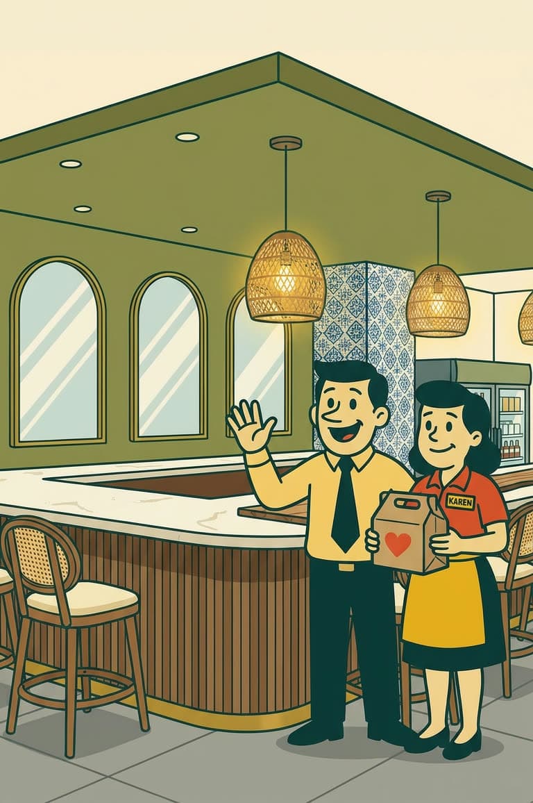 Larry and Kathy in The LunchBox Cafe — Larry waving, Kathy holding a lunch box